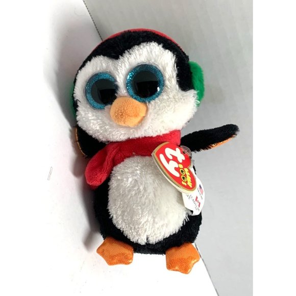 New Ty Beanie Boss North Penguin Plush Stuffed Animal Toy 6 in Tall Red Scarf Gr - Picture 1 of 4